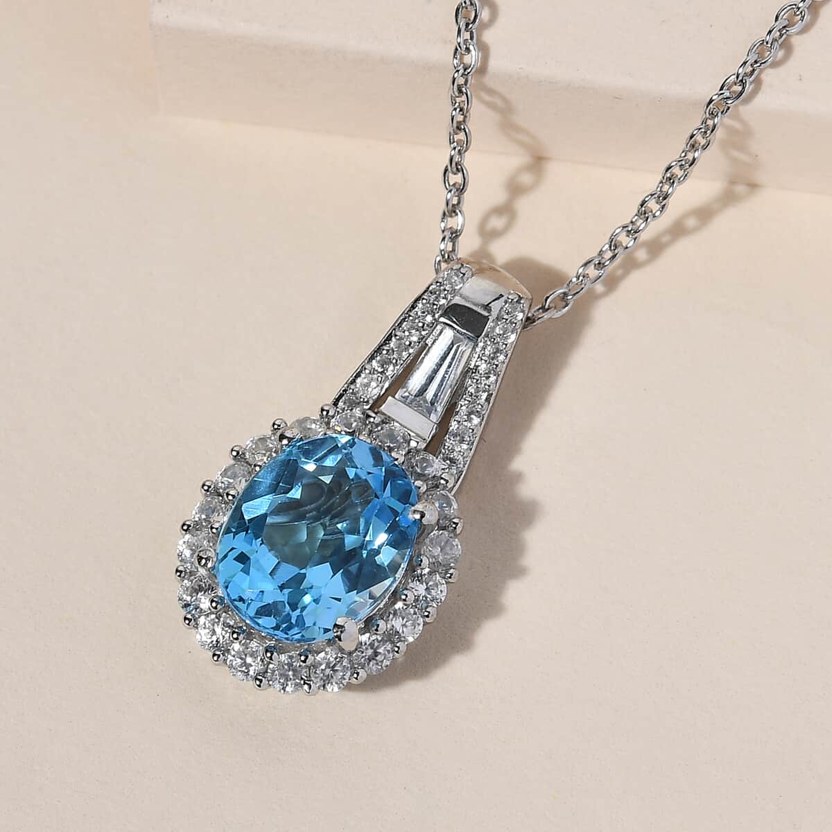 Electric Blue Topaz, Natural White Zircon Pendant Necklace 20 Inches in Platinum Over Sterling Silver 5.80 ctw image number 1