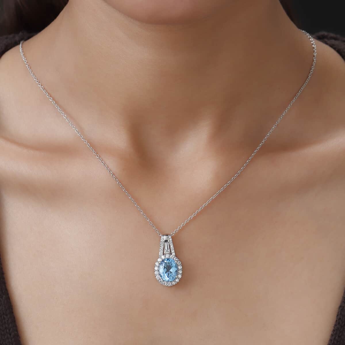 Electric Blue Topaz, Natural White Zircon Pendant Necklace 20 Inches in Platinum Over Sterling Silver 5.80 ctw image number 2