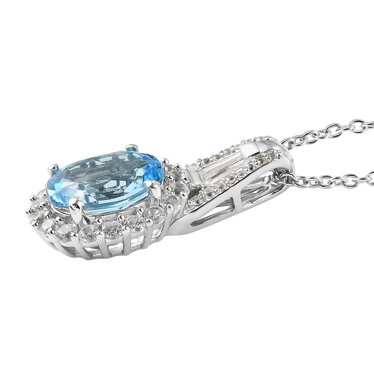 Electric Blue Topaz, Natural White Zircon Pendant Necklace 20 Inches in Platinum Over Sterling Silver 5.80 ctw image number 3