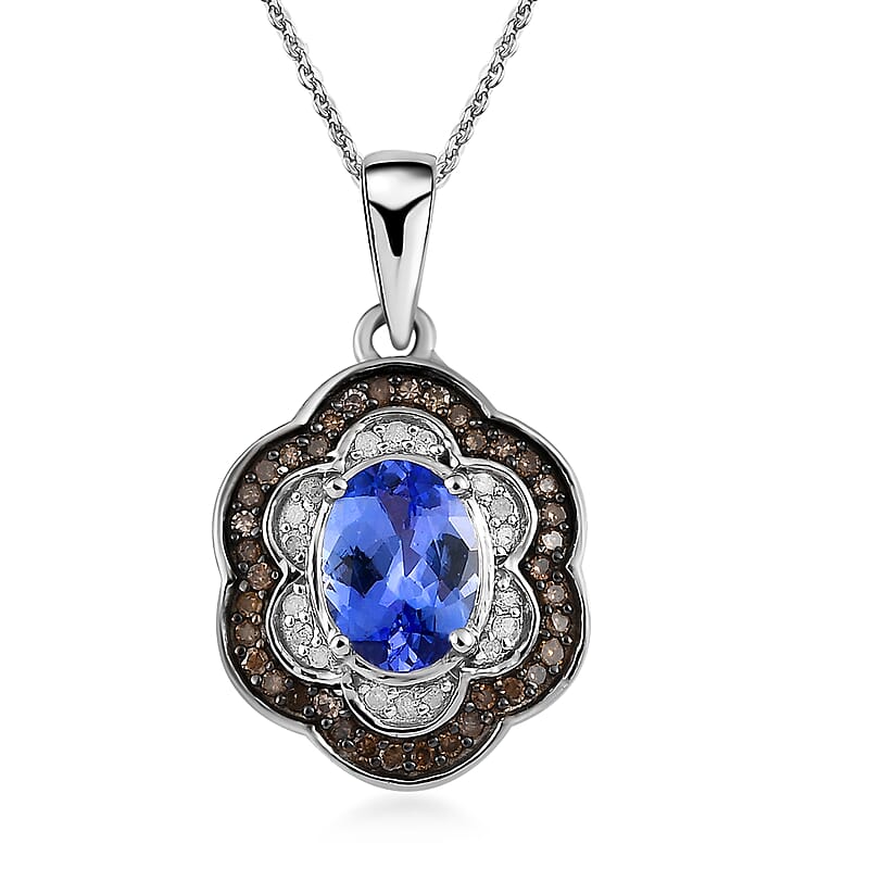 Tanzanite Floral Pendant Necklace, Natural Champagne and White Diamond Accent Pendant Necklace, 20 Inch Necklace, Platinum Over Sterling Silver Pendant Necklace 1.60 ctw