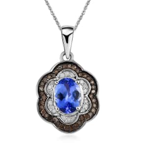 Tanzanite Floral Pendant Necklace, Natural Champagne and White Diamond Accent Pendant Necklace, 20 Inch Necklace, Platinum Over Sterling Silver Pendant Necklace 1.60 ctw