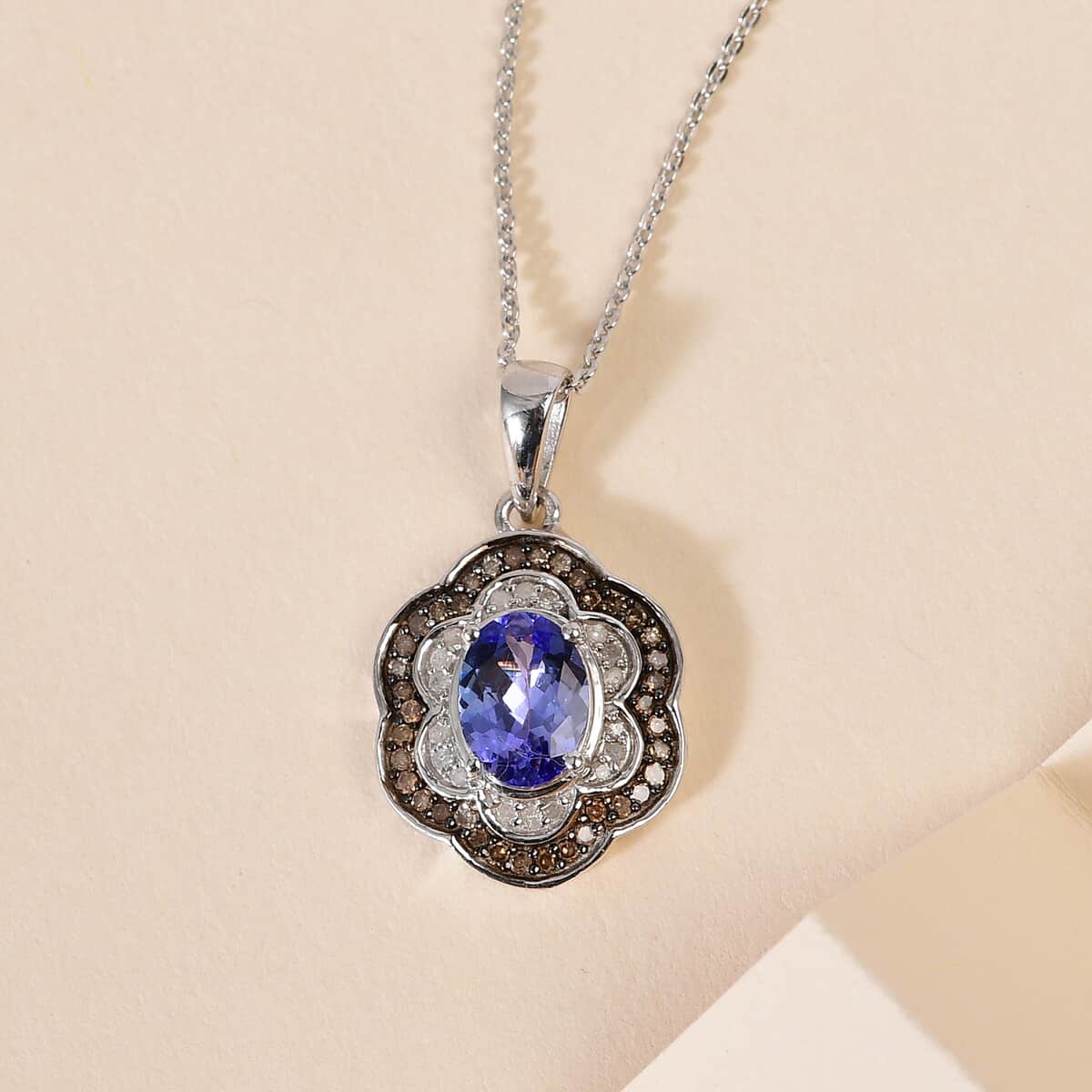 Tanzanite Floral Pendant Necklace, Natural Champagne and White Diamond Accent Pendant Necklace, 20 Inch Necklace, Platinum Over Sterling Silver Pendant Necklace 1.60 ctw image number 1