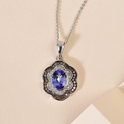 Tanzanite Floral Pendant Necklace, Natural Champagne and White Diamond Accent Pendant Necklace, 20 Inch Necklace, Platinum Over Sterling Silver Pendant Necklace 1.60 ctw