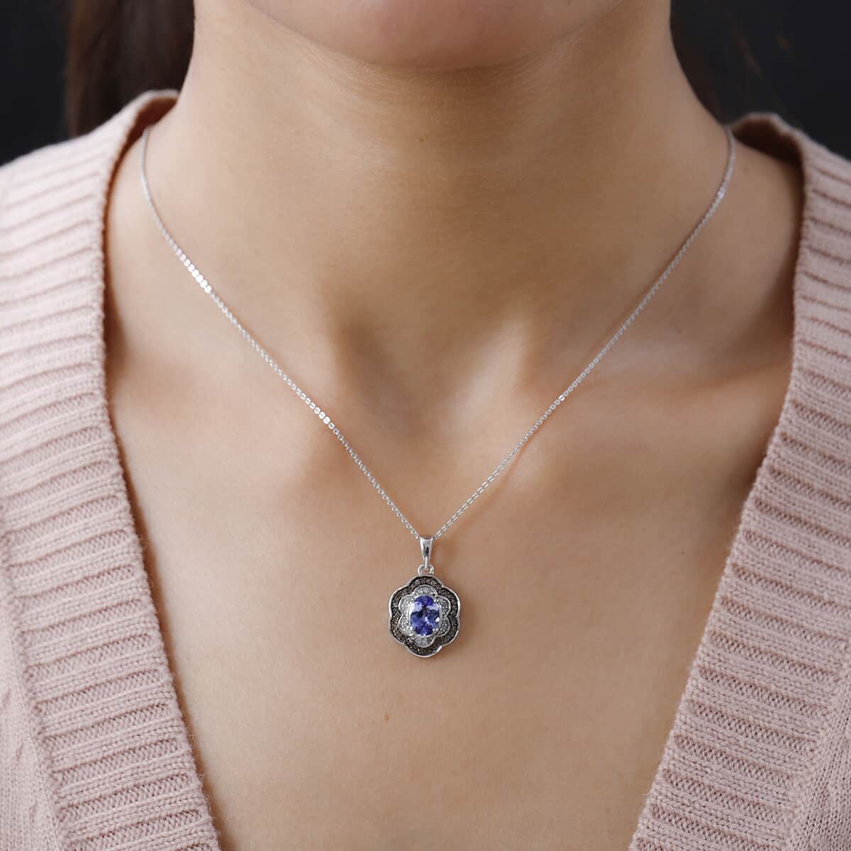 Tanzanite Floral Pendant Necklace, Natural Champagne and White Diamond Accent Pendant Necklace, 20 Inch Necklace, Platinum Over Sterling Silver Pendant Necklace 1.60 ctw image number 2