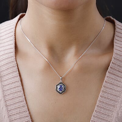 Tanzanite Floral Pendant Necklace, Natural Champagne and White Diamond Accent Pendant Necklace, 20 Inch Necklace, Platinum Over Sterling Silver Pendant Necklace 1.60 ctw