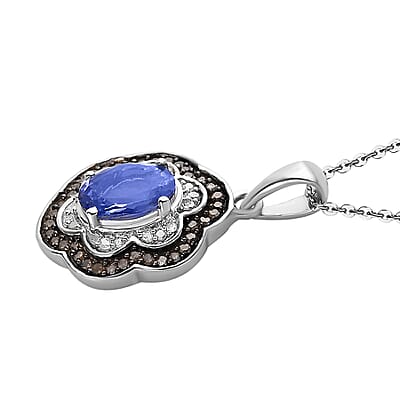 Tanzanite Floral Pendant Necklace, Natural Champagne and White Diamond Accent Pendant Necklace, 20 Inch Necklace, Platinum Over Sterling Silver Pendant Necklace 1.60 ctw
