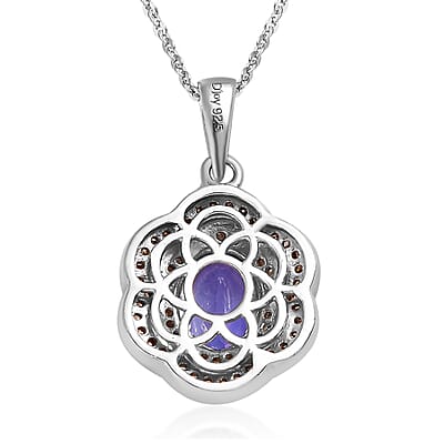 Tanzanite Floral Pendant Necklace, Natural Champagne and White Diamond Accent Pendant Necklace, 20 Inch Necklace, Platinum Over Sterling Silver Pendant Necklace 1.60 ctw