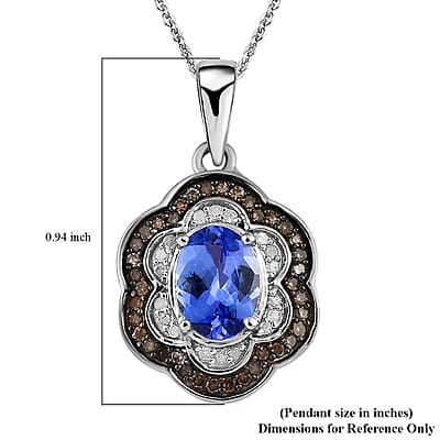 Tanzanite Floral Pendant Necklace, Natural Champagne and White Diamond Accent Pendant Necklace, 20 Inch Necklace, Platinum Over Sterling Silver Pendant Necklace 1.60 ctw