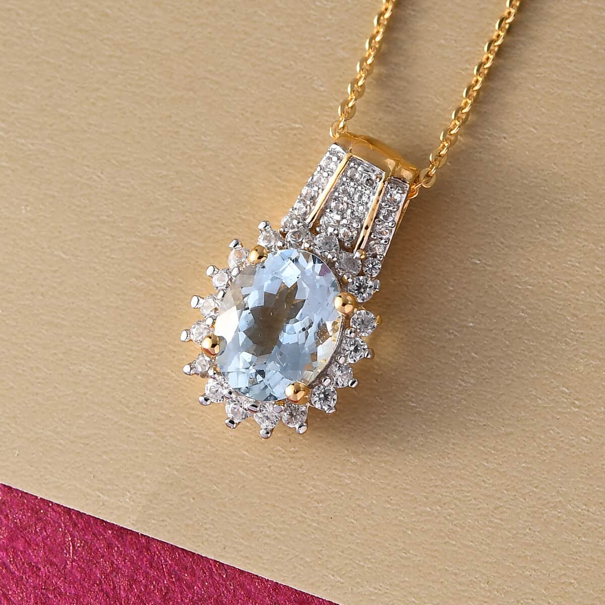 Mangoro Aquamarine and Natural White Zircon Floral Pendant Necklace 20 Inches in Vermeil Yellow Gold Over Sterling Silver 2.10 ctw image number 1