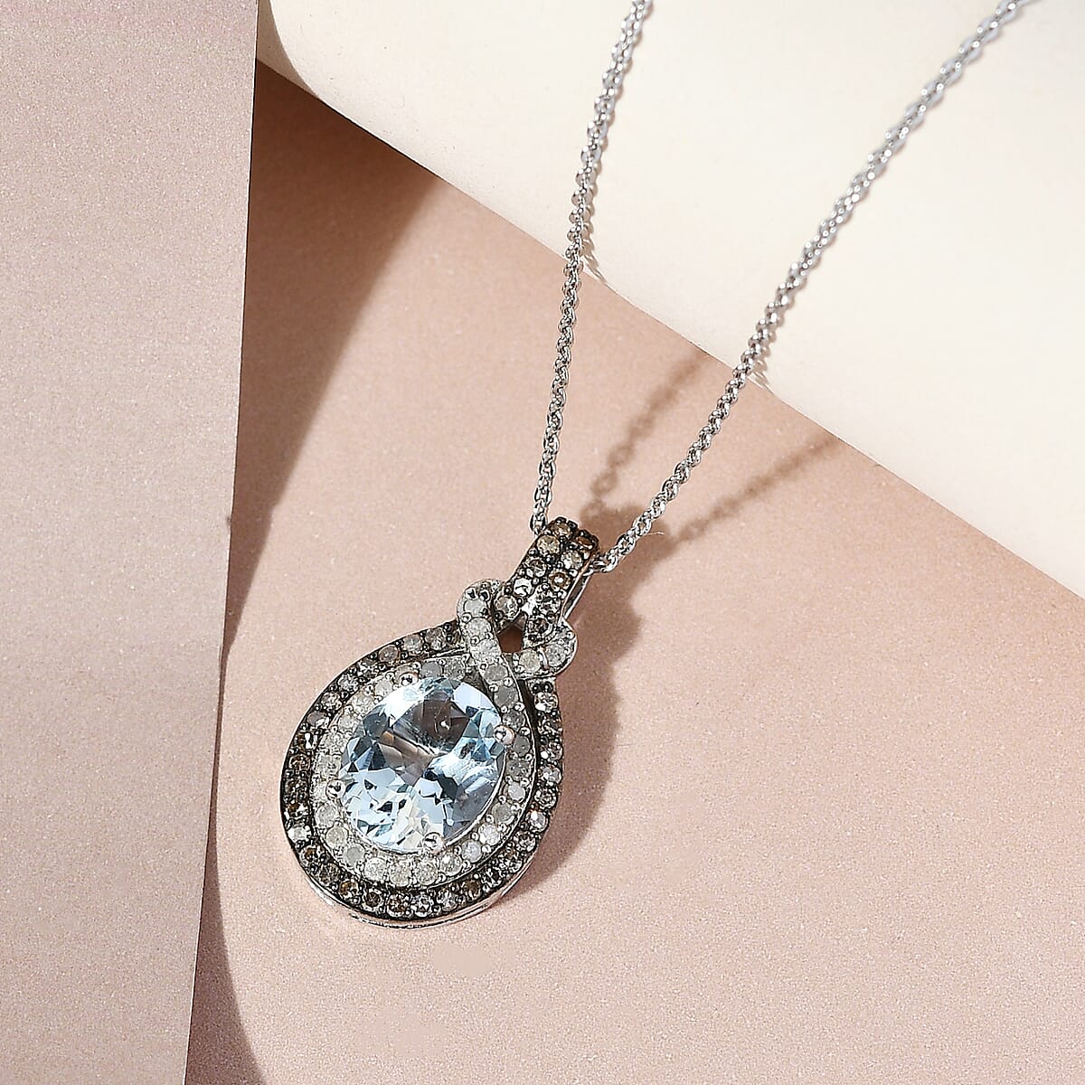 Mangoro Aquamarine Pendant Necklace, Diamond Halo Pendant in Platinum Plated Sterling Silver, Diamond Jewelry Gift For Women, Gifts For Anniversary image number 1