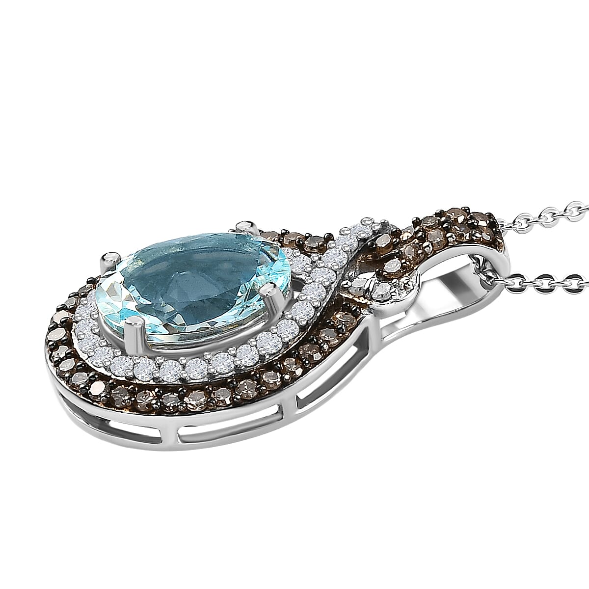 Mangoro Aquamarine Pendant Necklace, Diamond Halo Pendant in Platinum Plated Sterling Silver, Diamond Jewelry Gift For Women, Gifts For Anniversary image number 3