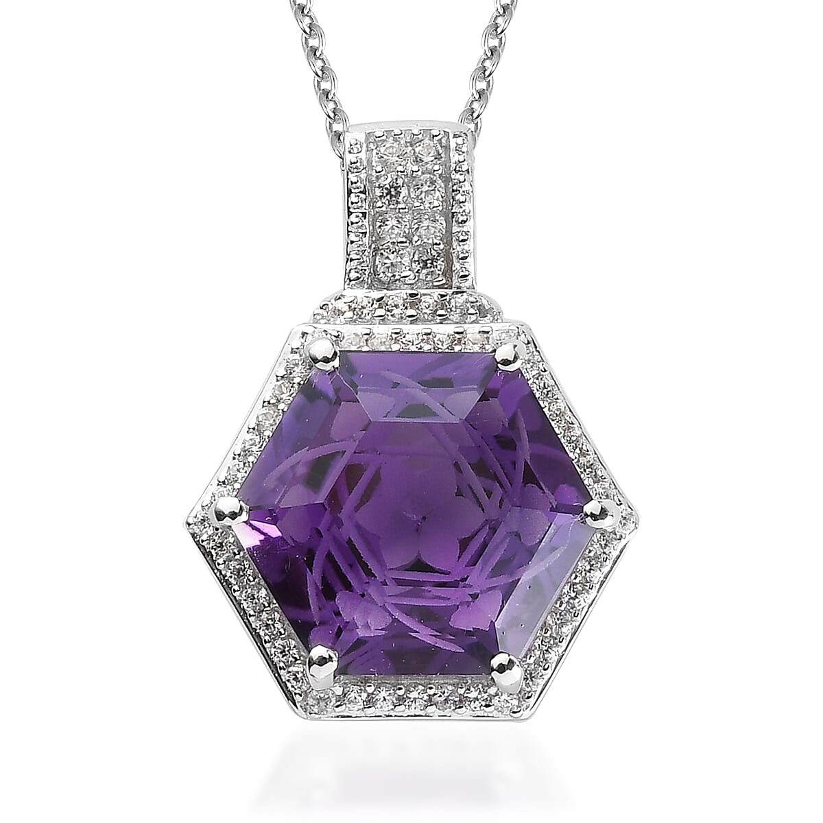 Amethyst and Natural White Zircon Pendant Necklace 20 Inches in Platinum Over Sterling Silver 7.25 ctw
