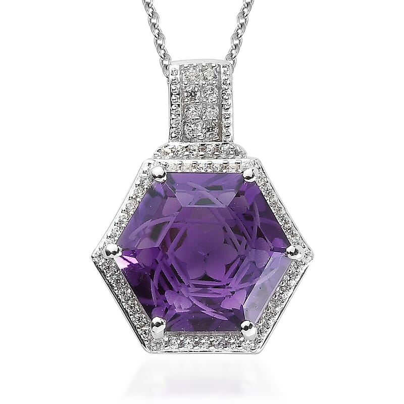 Amethyst and Natural White Zircon Pendant Necklace 20 Inches in Platinum Over Sterling Silver 7.25 ctw