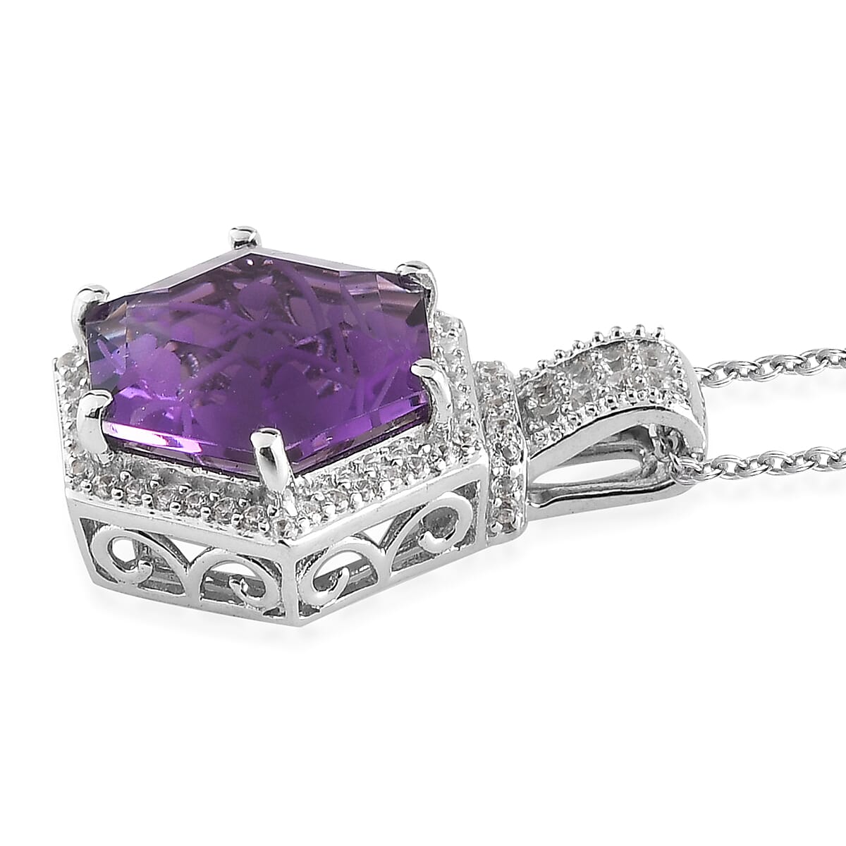 Amethyst and Natural White Zircon Pendant Necklace 20 Inches in Platinum Over Sterling Silver 7.25 ctw