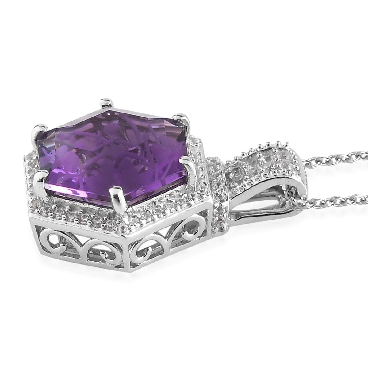 Amethyst and Natural White Zircon Pendant Necklace 20 Inches in Platinum Over Sterling Silver 7.25 ctw image number 3