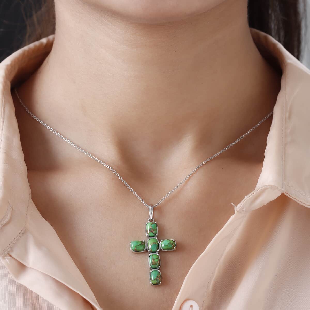 Mojave Green Turquoise Cross Pendant Necklace 20 Inches in Platinum Over Sterling Silver 5.90 ctw image number 1