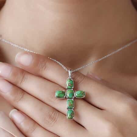 Mojave Green Turquoise Cross Pendant Necklace 20 Inches in Platinum Over Sterling Silver 5.90 ctw image number 2