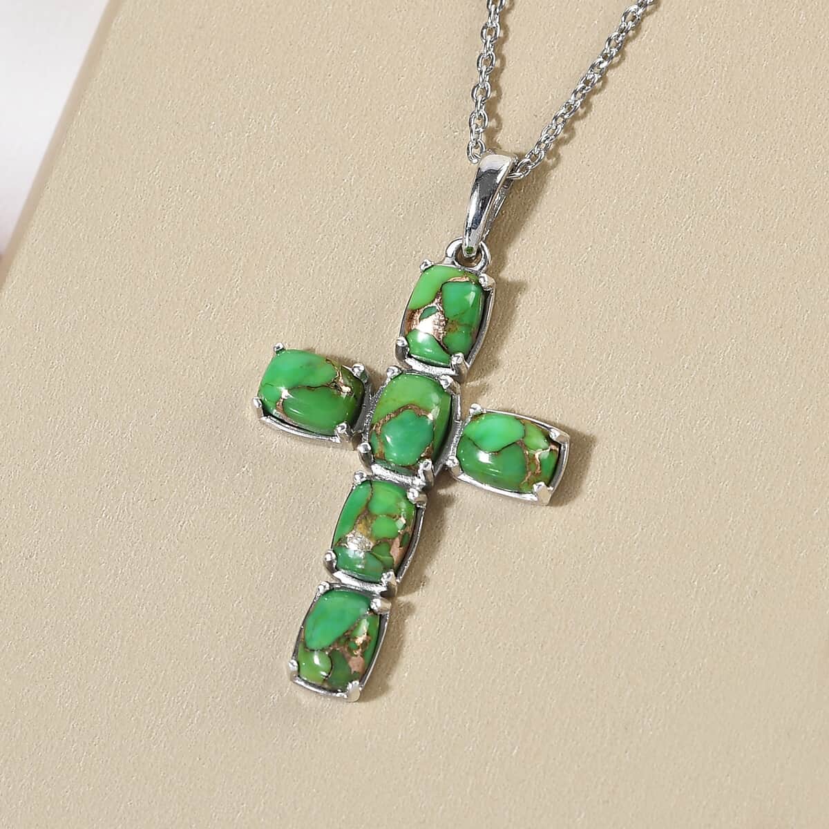 Mojave Green Turquoise Cross Pendant Necklace 20 Inches in Platinum Over Sterling Silver 5.90 ctw image number 3