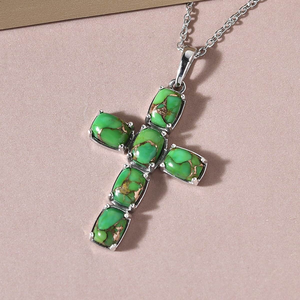 Mojave Green Turquoise Cross Pendant Necklace 20 Inches in Platinum Over Sterling Silver 5.90 ctw image number 4