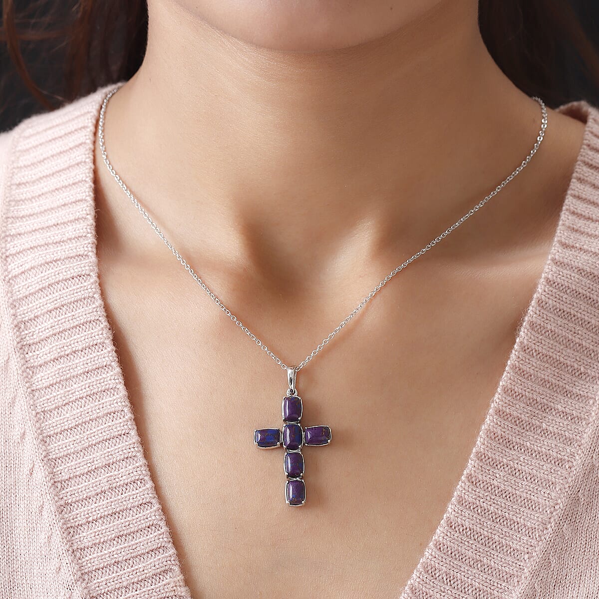 Mojave Purple Turquoise Cross Pendant Necklace 20 Inches in Platinum Over Sterling Silver 6.10 ctw image number 1