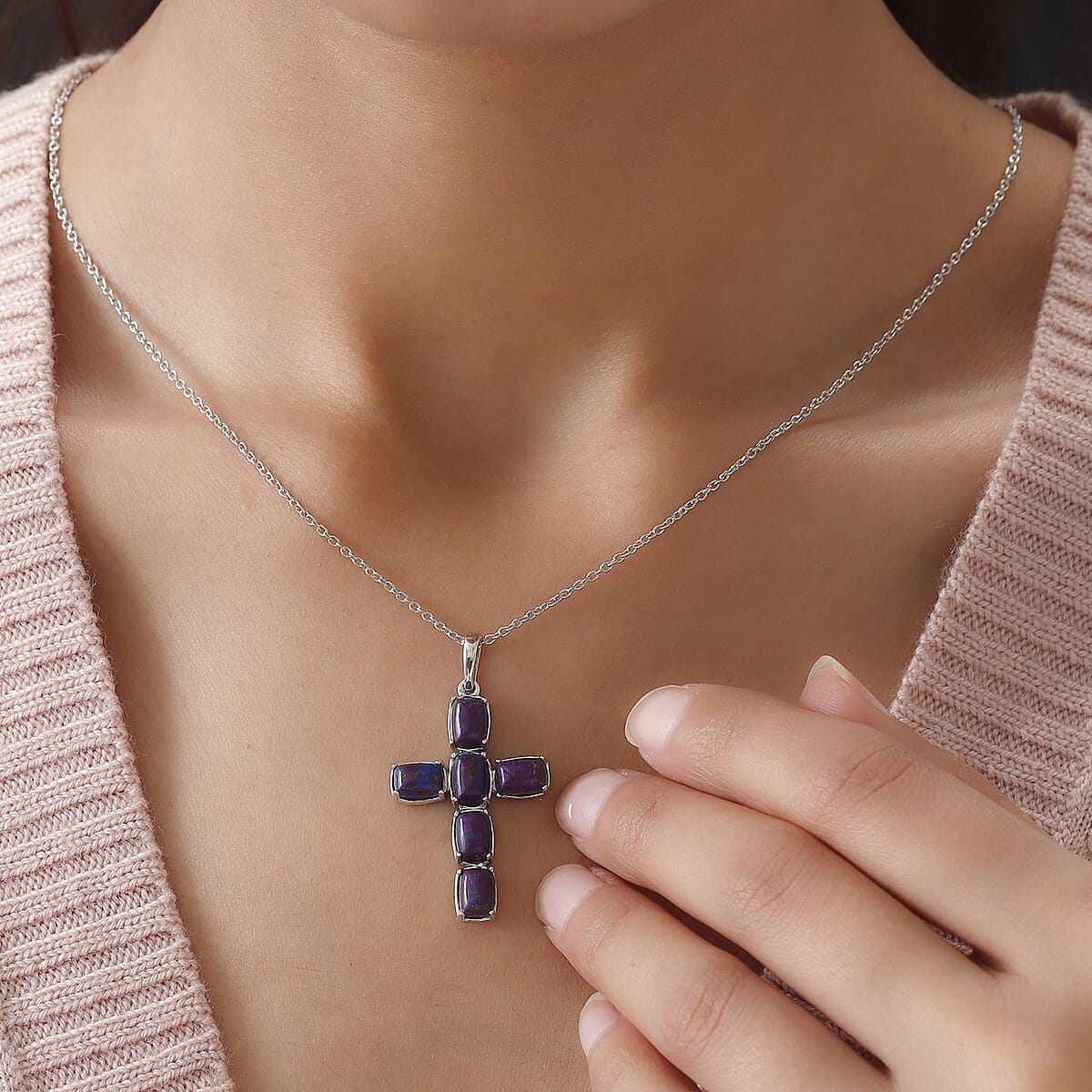 Mojave Purple Turquoise Cross Pendant Necklace 20 Inches in Platinum Over Sterling Silver 6.10 ctw image number 2