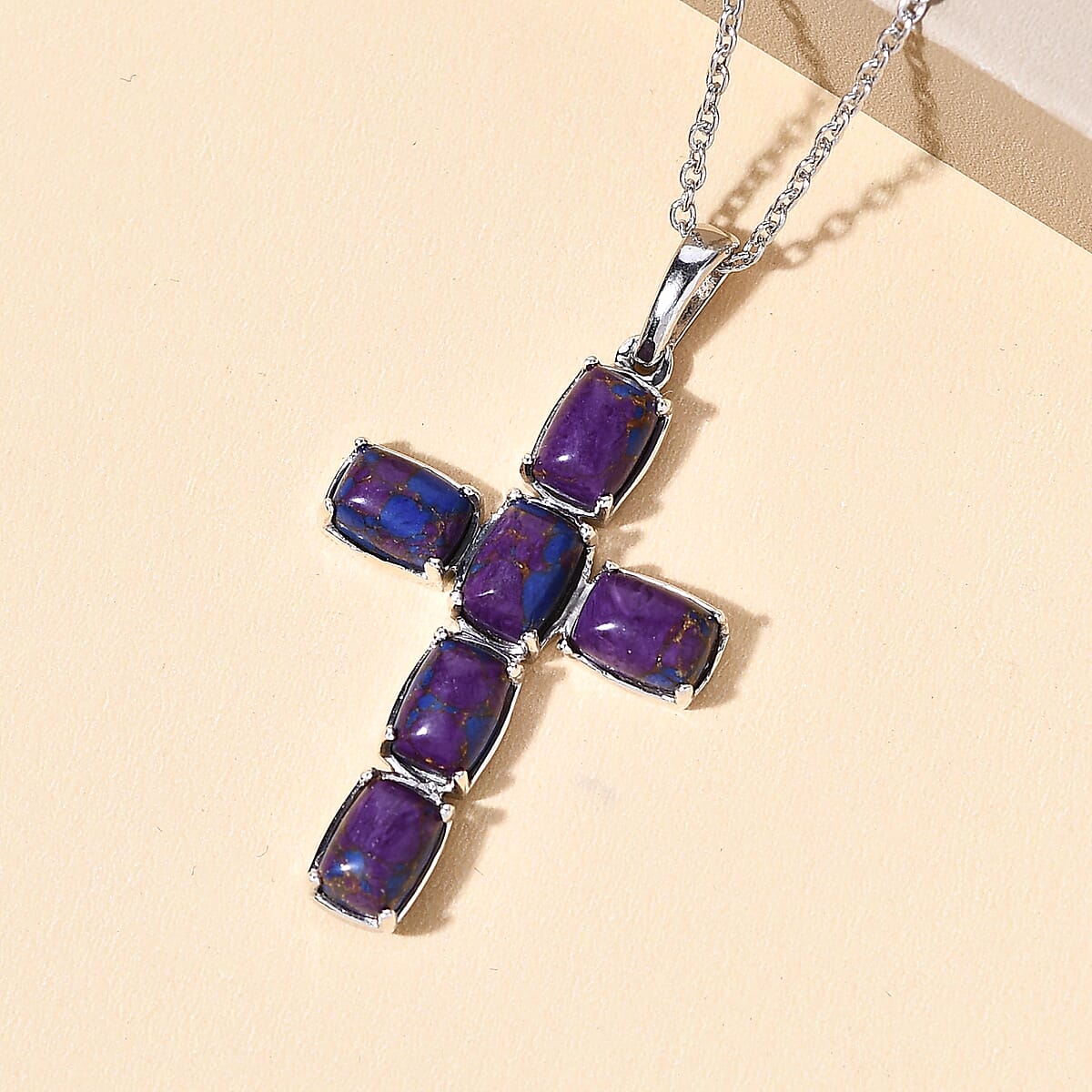 Mojave Purple Turquoise Cross Pendant Necklace 20 Inches in Platinum Over Sterling Silver 6.10 ctw image number 3