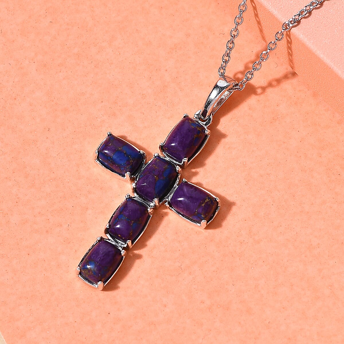 Mojave Purple Turquoise Cross Pendant Necklace 20 Inches in Platinum Over Sterling Silver 6.10 ctw image number 4