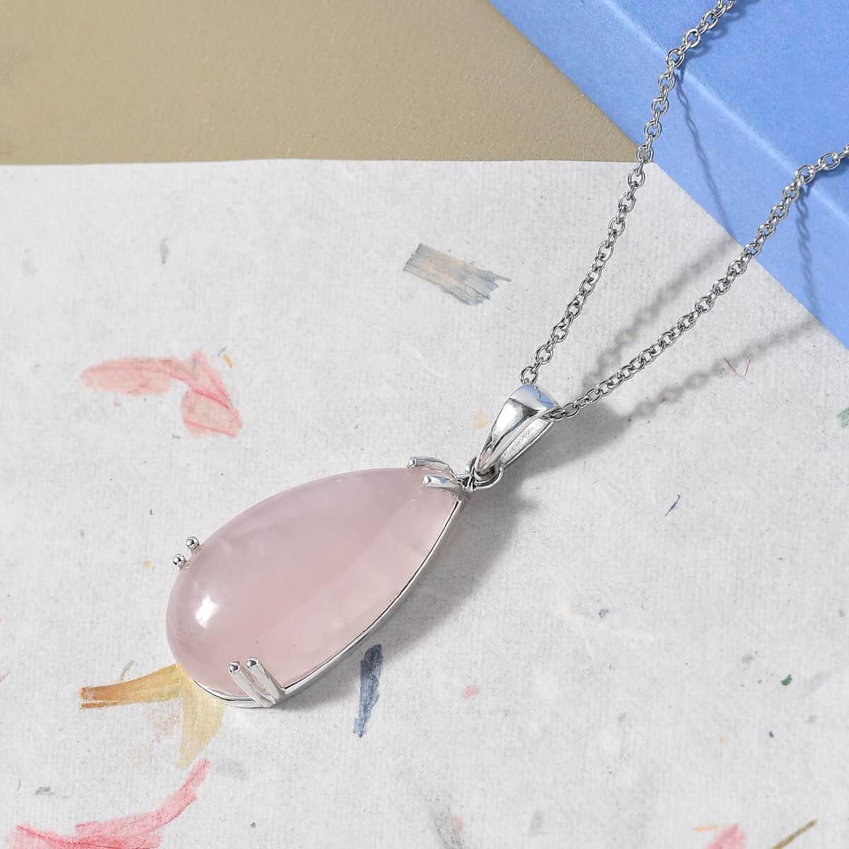 Galilea Rose Quartz Solitaire Drop Pendant Necklace 20 Inches in Sterling Silver and Stainless Steel 28.70 ctw image number 1