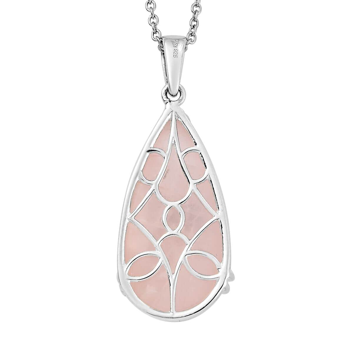 Galilea Rose Quartz Solitaire Drop Pendant Necklace 20 Inches in Sterling Silver and Stainless Steel 28.70 ctw image number 4