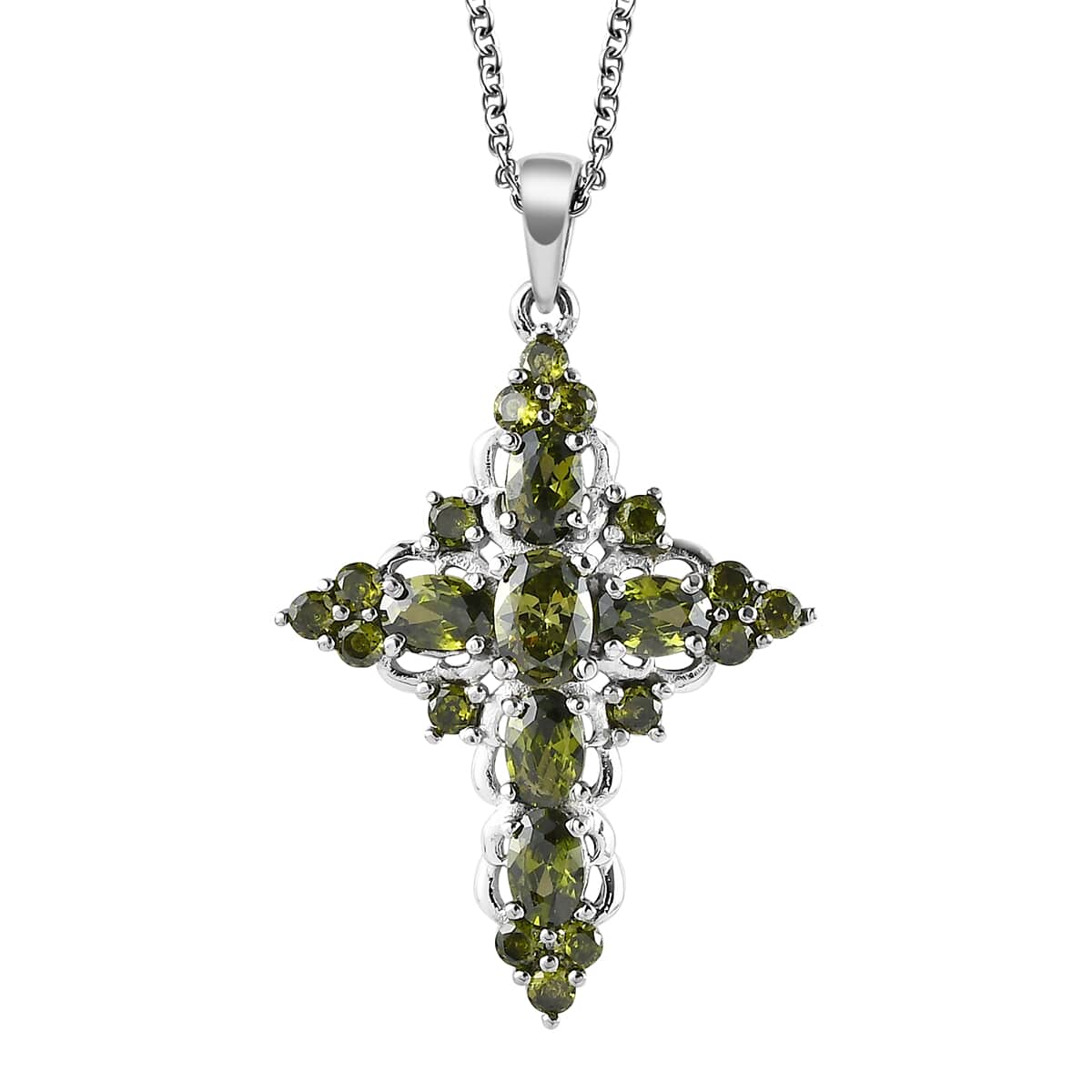 Simulated Peridot Diamond Cross Pendant Necklace 20 Inches in Stainless Steel 6.50 ctw image number 0
