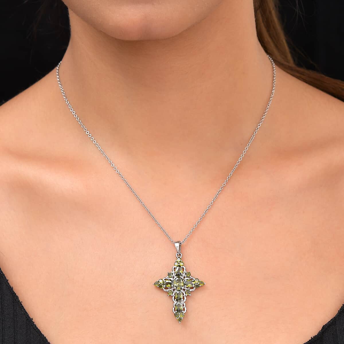 Simulated Peridot Diamond Cross Pendant Necklace 20 Inches in Stainless Steel 6.50 ctw image number 1