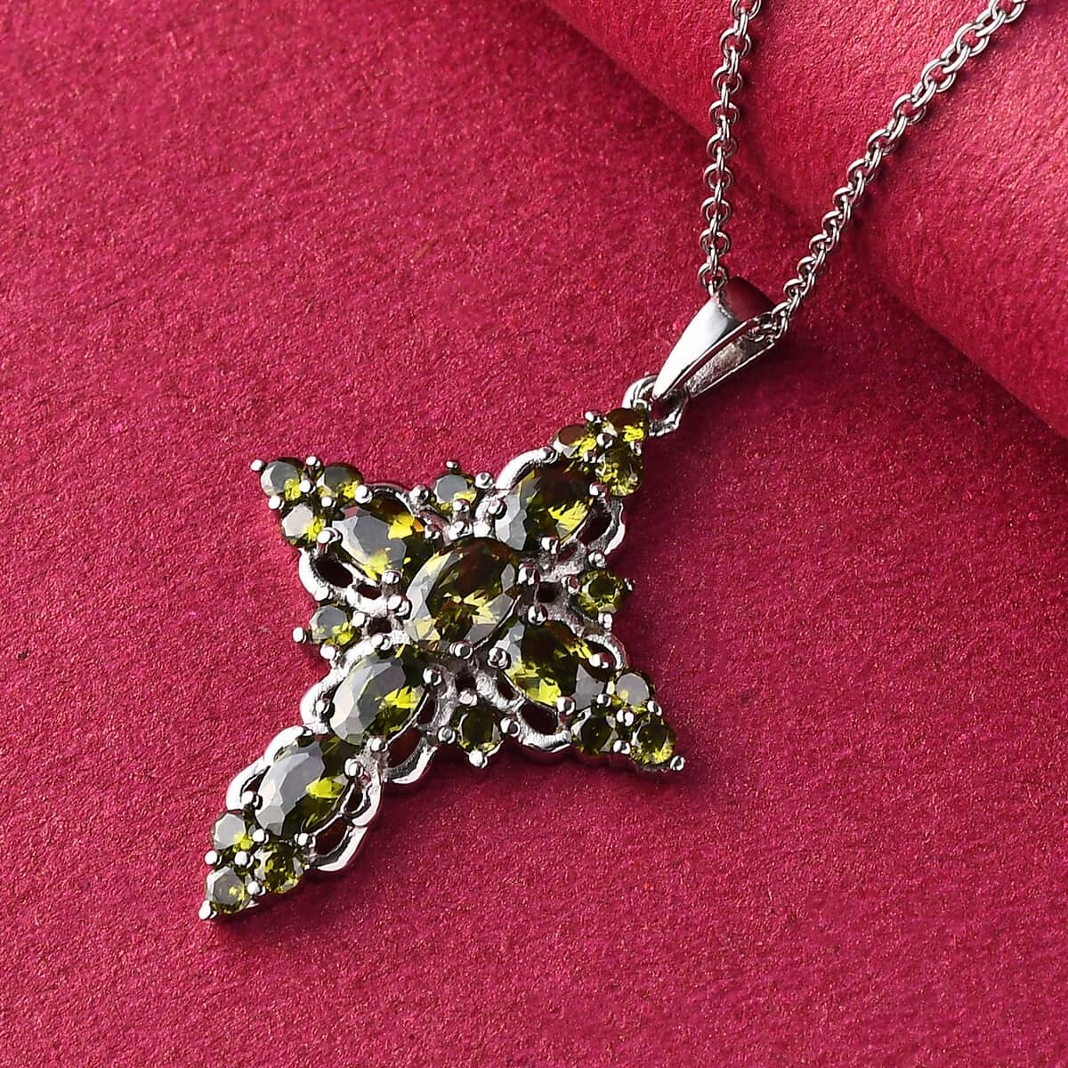 Simulated Peridot Diamond Cross Pendant Necklace 20 Inches in Stainless Steel 6.50 ctw image number 3