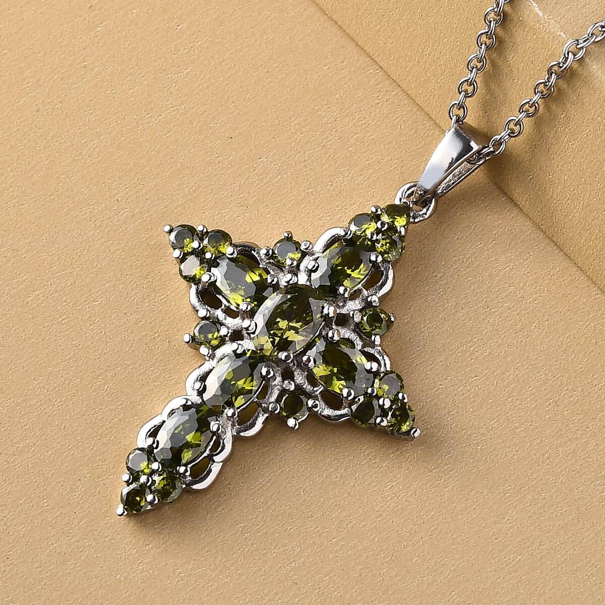Simulated Peridot Diamond Cross Pendant Necklace 20 Inches in Stainless Steel 6.50 ctw image number 4