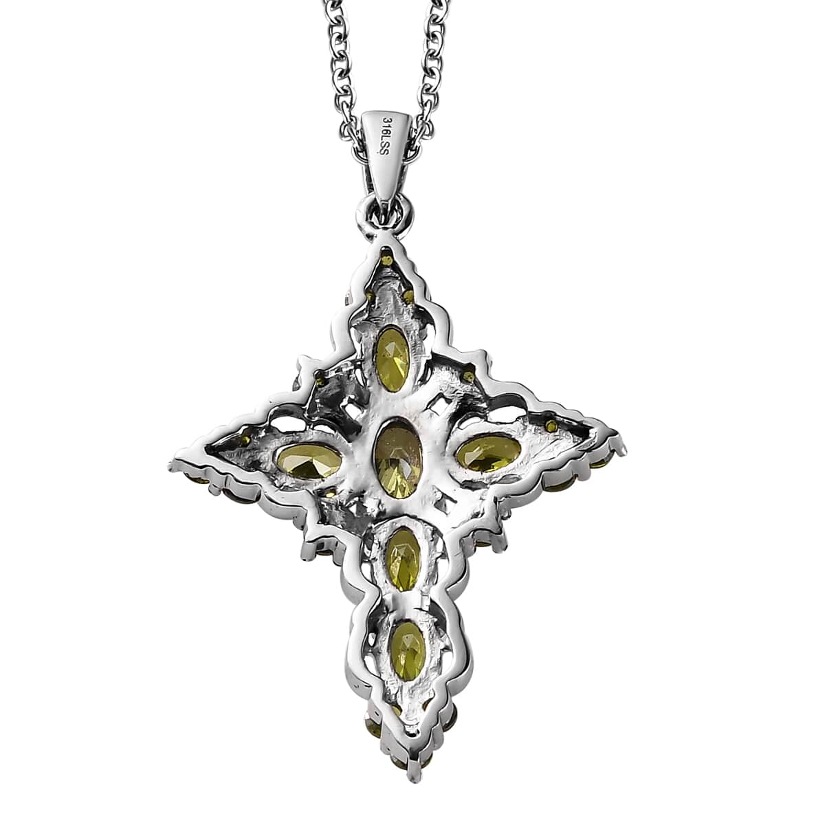 Simulated Peridot Diamond Cross Pendant Necklace 20 Inches in Stainless Steel 6.50 ctw image number 6