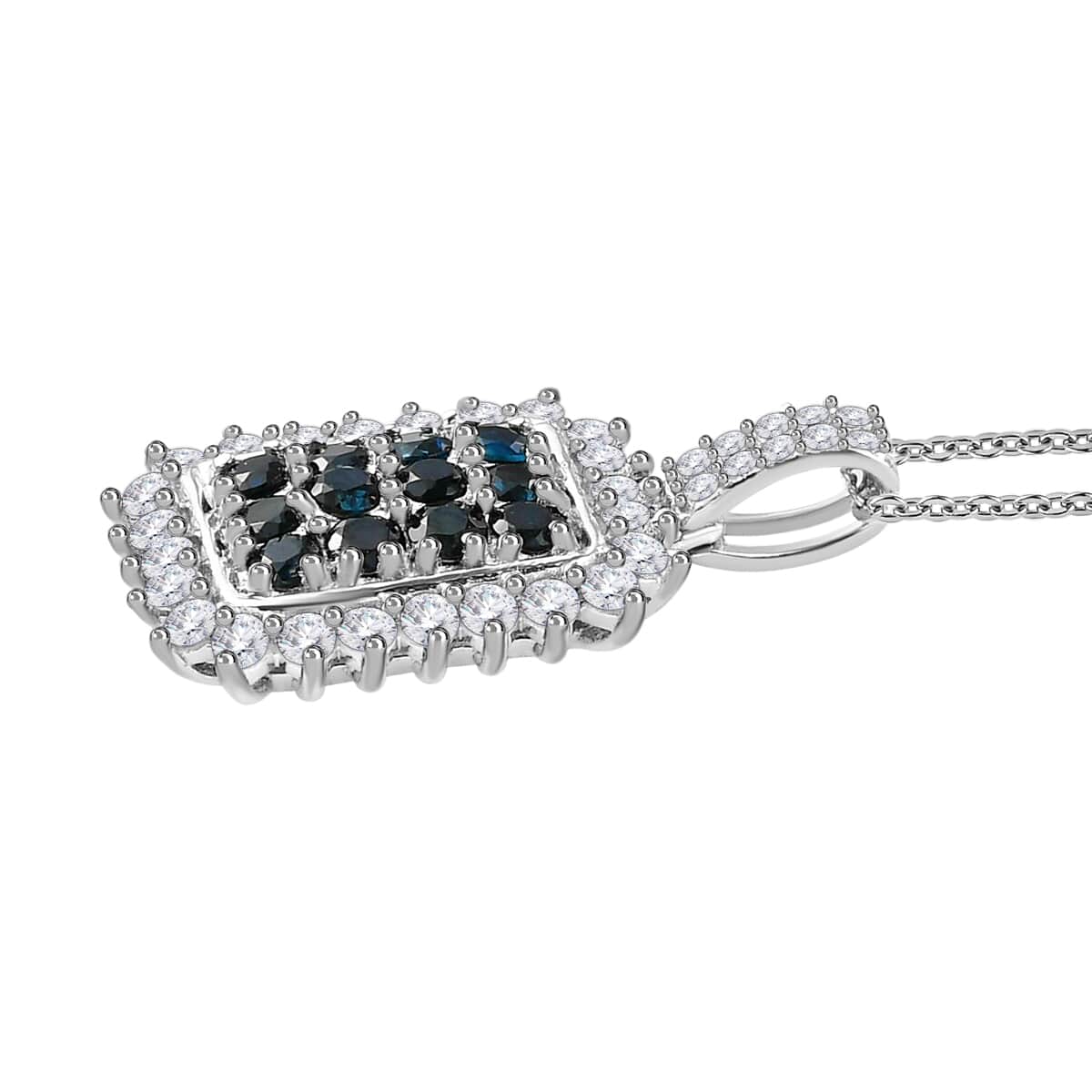 Premium Monte Belo Indicolite and White Zircon Pendant Necklace 20 Inches in Platinum Over Sterling Silver 1.65 ctw image number 3