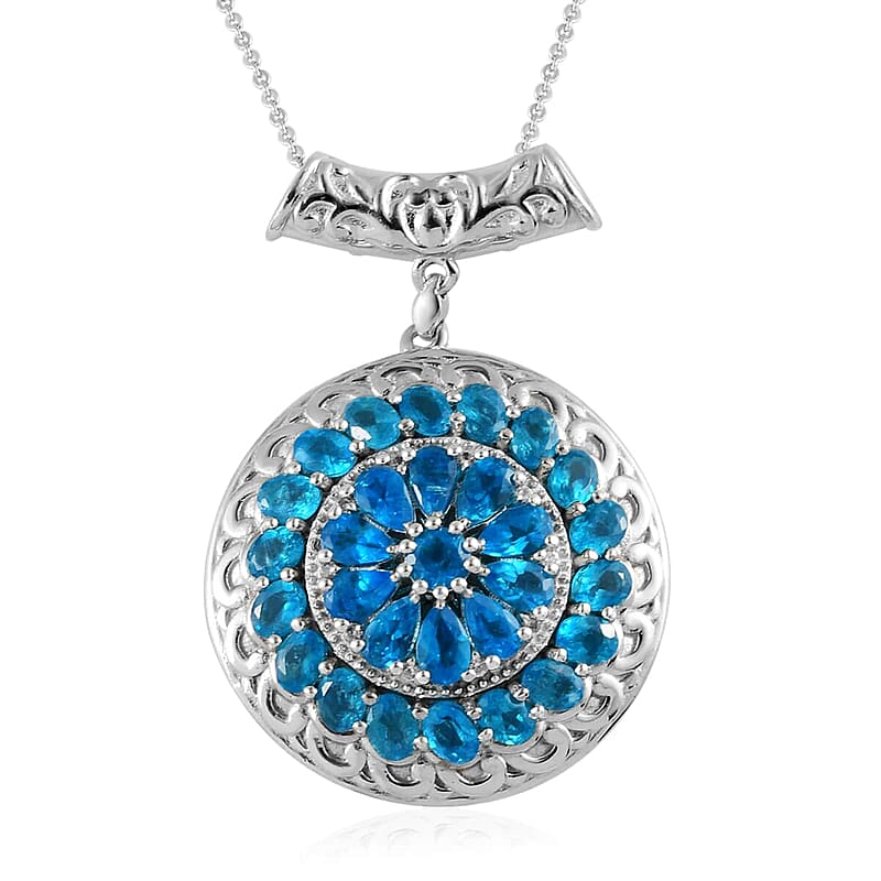 Malgache Neon Apatite and White Zircon Floral Pendant Necklace 20 Inches in Platinum Over Sterling Silver 5.70 ctw