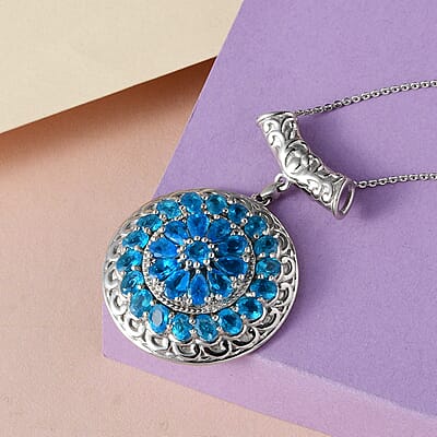 Malgache Neon Apatite and White Zircon Floral Pendant Necklace 20 Inches in Platinum Over Sterling Silver 5.70 ctw