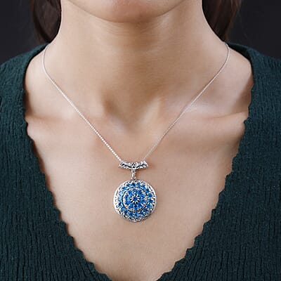 Malgache Neon Apatite and White Zircon Floral Pendant Necklace 20 Inches in Platinum Over Sterling Silver 5.70 ctw
