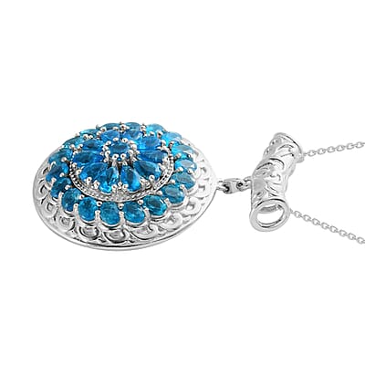 Malgache Neon Apatite and White Zircon Floral Pendant Necklace 20 Inches in Platinum Over Sterling Silver 5.70 ctw