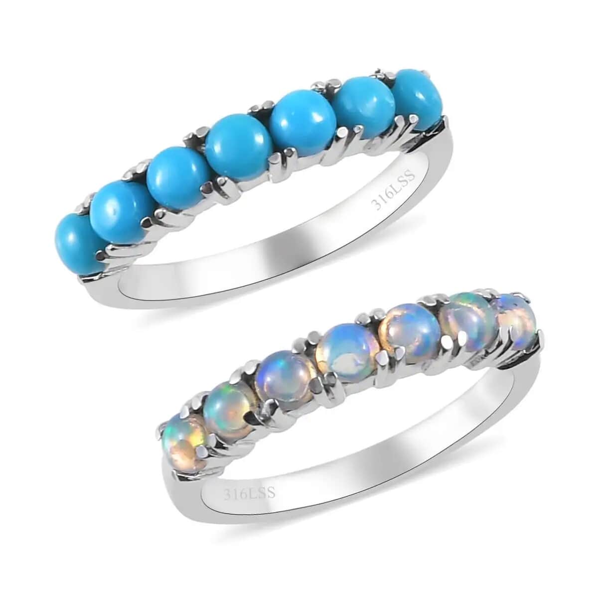 AMERICAN Natural Sleeping Beauty Turquoise and Ethiopian Welo Opal 7 Stone Stackable Ring in Stainless Steel 1.40 ctw image number 0