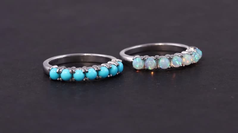 AMERICAN Natural Sleeping Beauty Turquoise and Ethiopian Welo Opal 7 Stone Stackable Ring in Stainless Steel 1.40 ctw