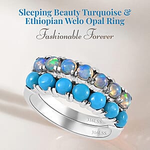 Sleeping Beauty Turquoise and Ethiopian Welo Opal 1.30 ctw Ring, Stackable Wedding Band Ring, 7 Stone Promise Rings For Women in Stainless Steel (Size 10.0)