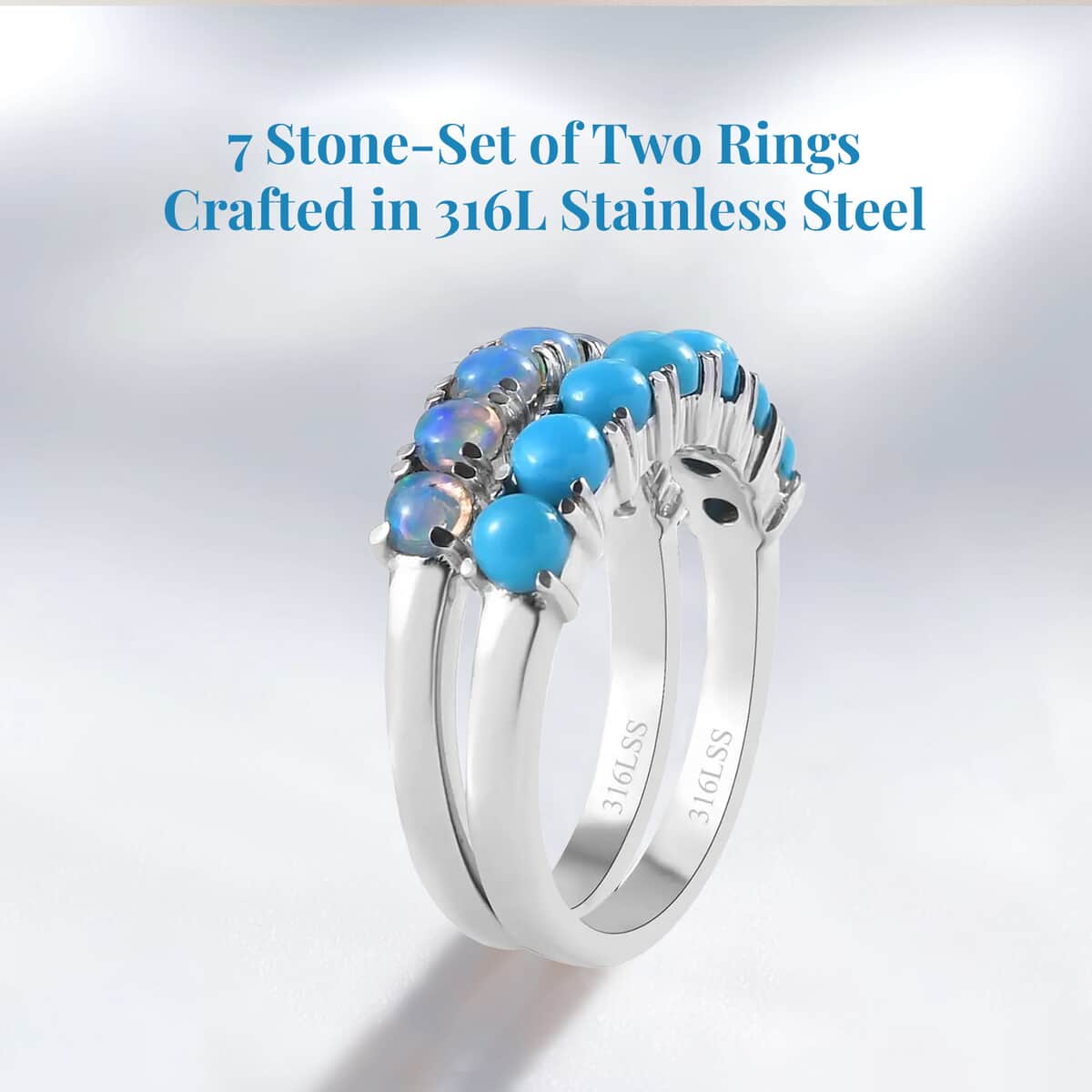AMERICAN Natural Sleeping Beauty Turquoise and Ethiopian Welo Opal 7 Stone Stackable Ring in Stainless Steel 1.40 ctw image number 3