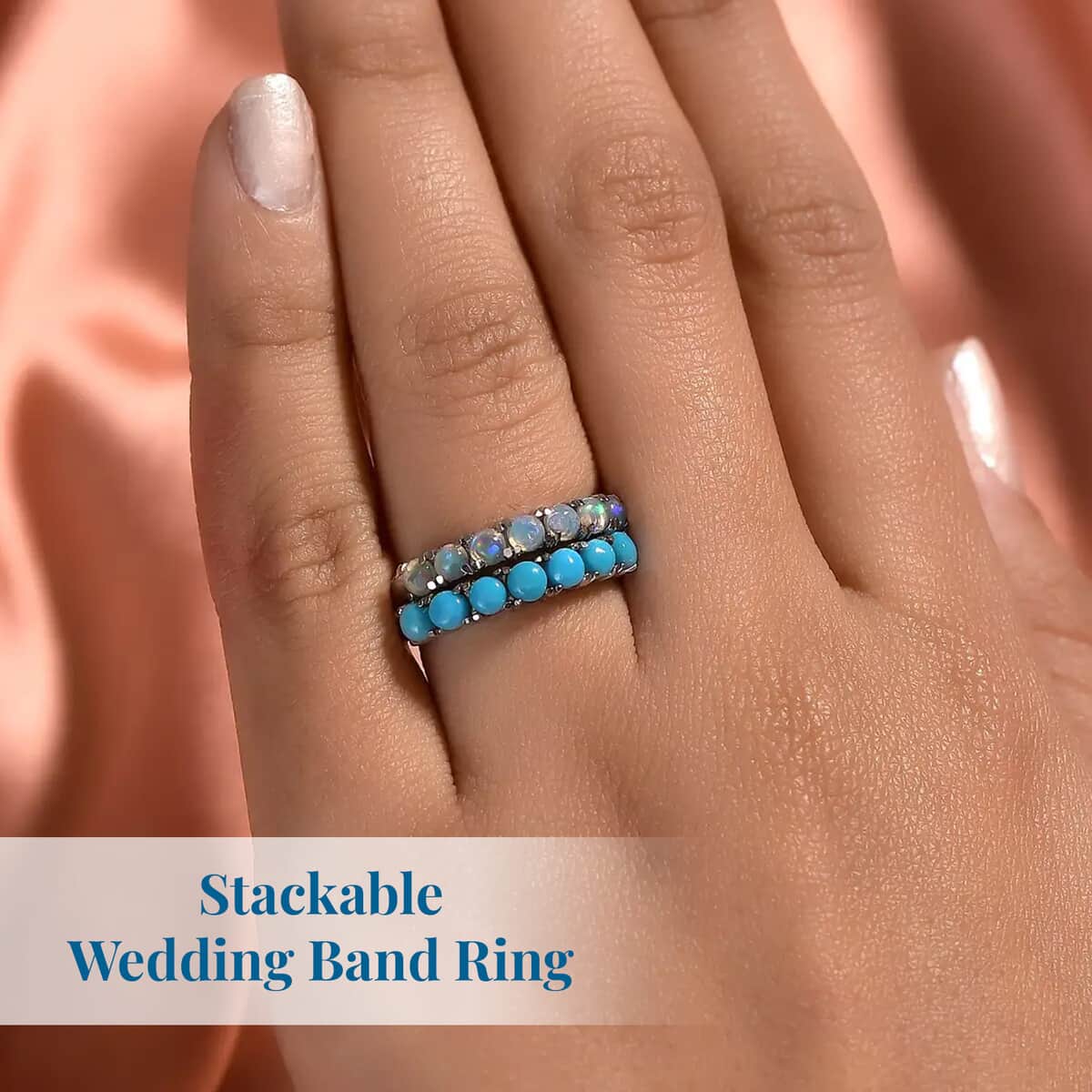Sleeping Beauty Turquoise Ring, Ethiopian Welo Opal Ring, Stackable Wedding Band Ring, 7 Stone Promise Rings For Women in Stainless Steel (Size 10.0) 1.30 ctw image number 4