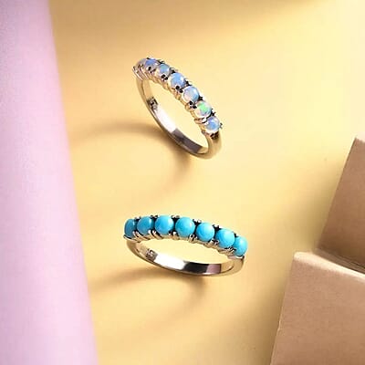 Sleeping Beauty Turquoise and Ethiopian Welo Opal 1.30 ctw Ring, Stackable Wedding Band Ring, 7 Stone Promise Rings For Women in Stainless Steel (Size 5.0)