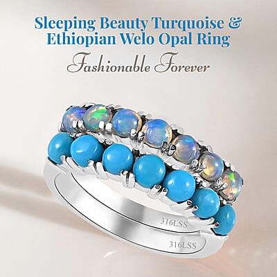 Sleeping Beauty Turquoise and Ethiopian Welo Opal 1.30 ctw Ring, Stackable Wedding Band Ring, 7 Stone Promise Rings For Women in Stainless Steel (Size 5.0)