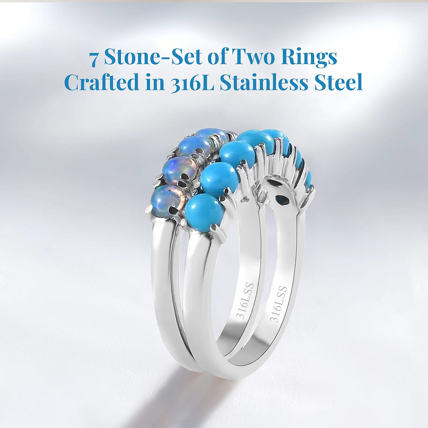 Sleeping Beauty Turquoise and Ethiopian Welo Opal 1.30 ctw Ring, Stackable Wedding Band Ring, 7 Stone Promise Rings For Women in Stainless Steel (Size 5.0)