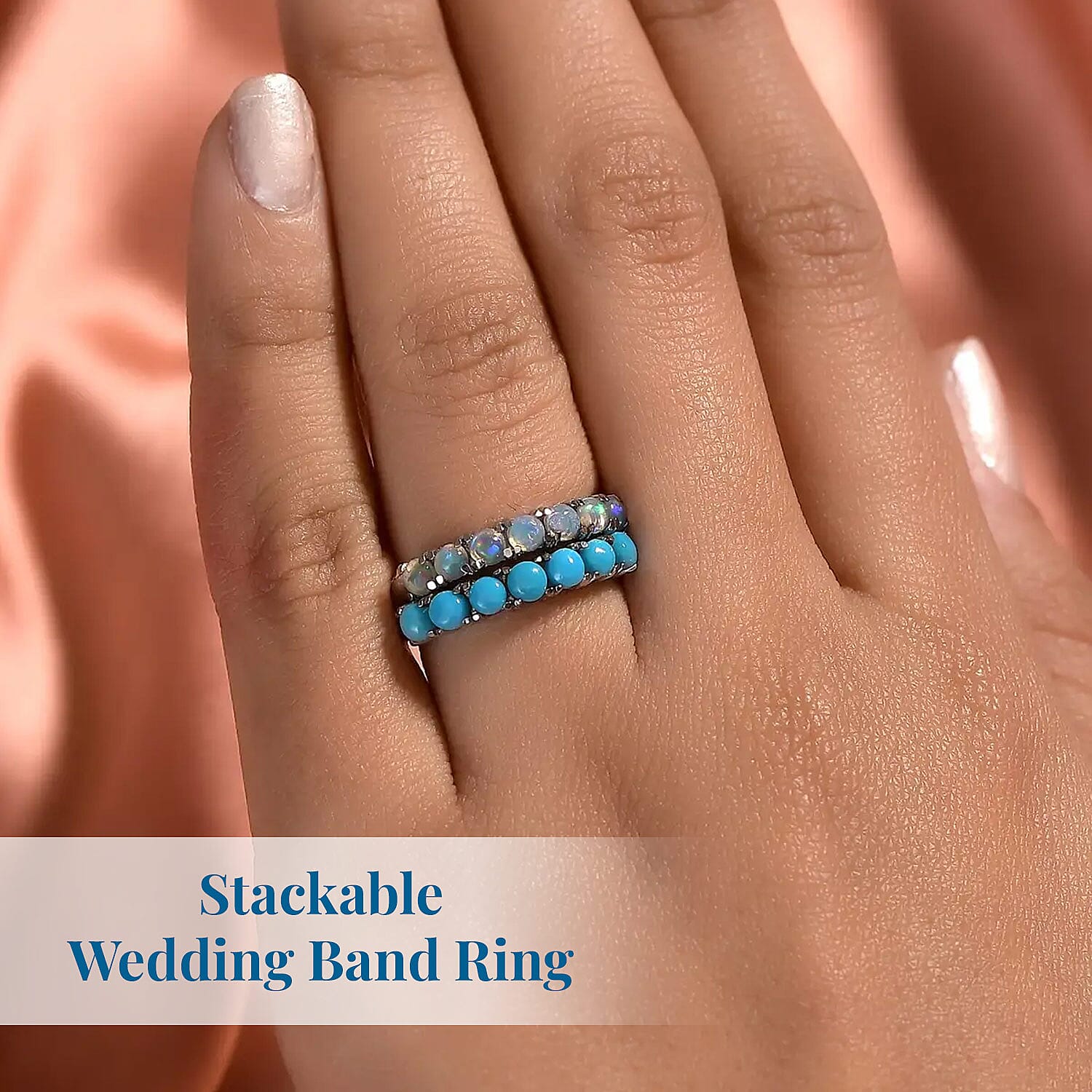 Sleeping Beauty Turquoise and Ethiopian Welo Opal 1.30 ctw Ring, Stackable Wedding Band Ring, 7 Stone Promise Rings For Women in Stainless Steel (Size 5.0)