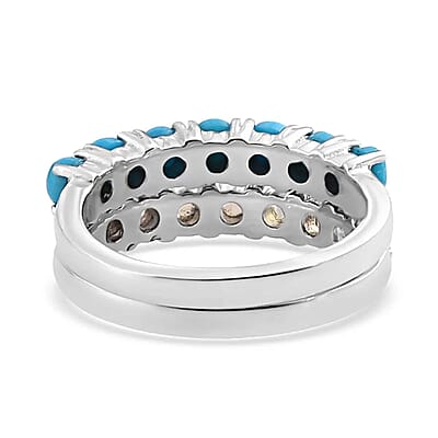 Sleeping Beauty Turquoise and Ethiopian Welo Opal 1.30 ctw Ring, Stackable Wedding Band Ring, 7 Stone Promise Rings For Women in Stainless Steel (Size 5.0)