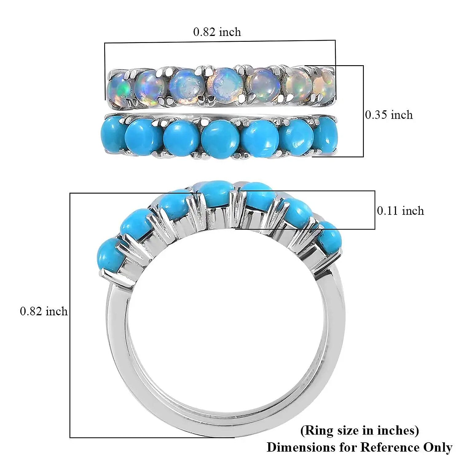 Sleeping Beauty Turquoise and Ethiopian Welo Opal 1.30 ctw Ring, Stackable Wedding Band Ring, 7 Stone Promise Rings For Women in Stainless Steel (Size 5.0)